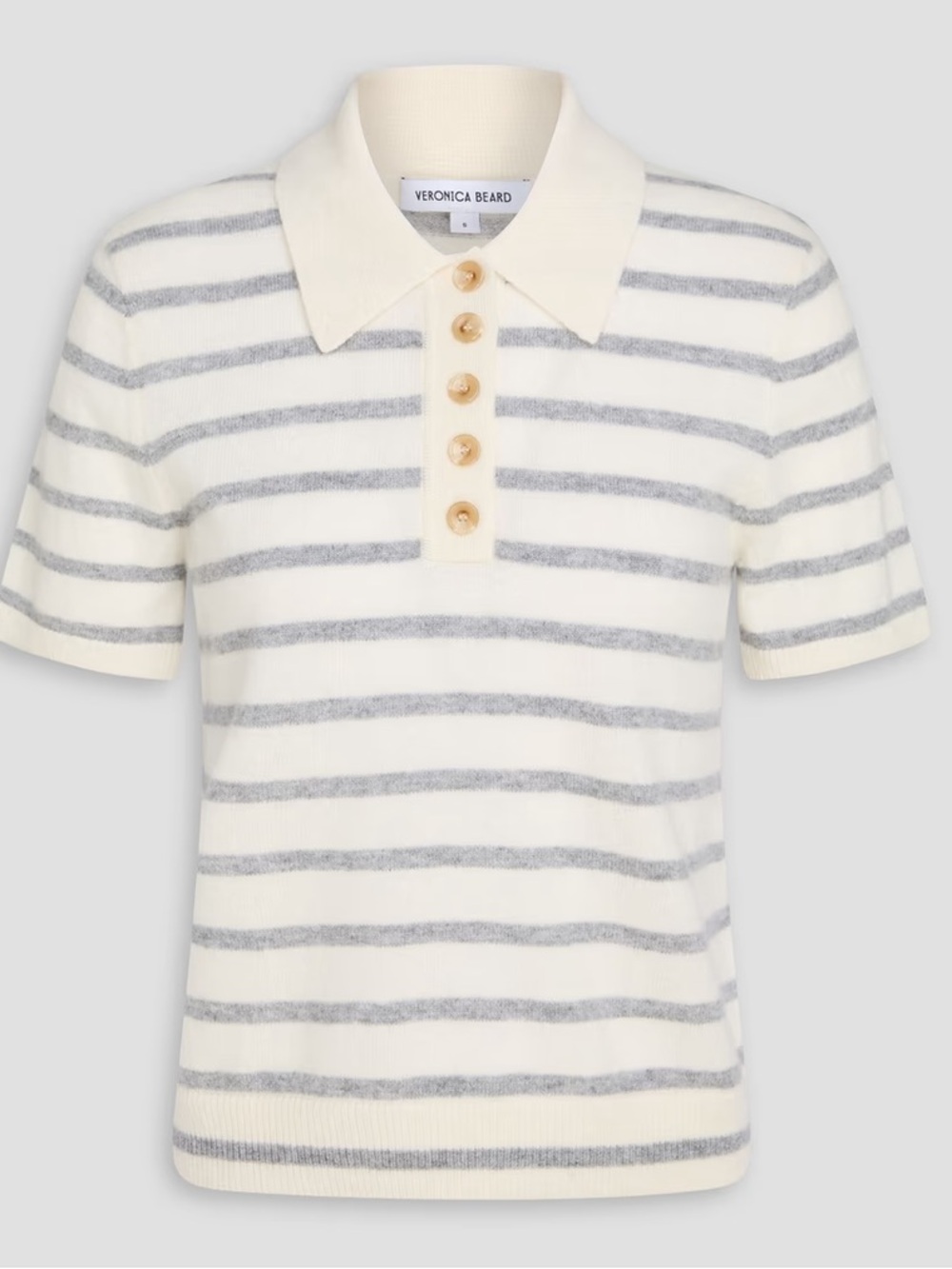 Veronica Beard Brandt Cashmere Polo in an ivory and heather grey stripe.